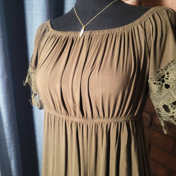 Haute Monde Lace Adorned Olive Boho Open Neck/Off Shoulder Dress - Size L - Picture 8 of 14